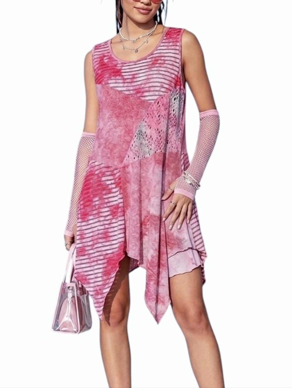 Patchwork Asymmetric Fairy Y2K Dress Womens Large Pink Indie
